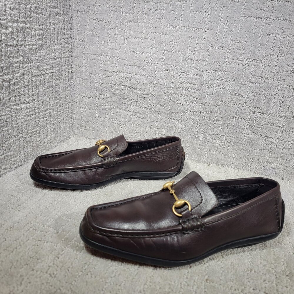 Gucci 101133 Mens Size US 8D Dark Brown Leather Gold Horsebit Driving Loafers - Picture 1 of 13